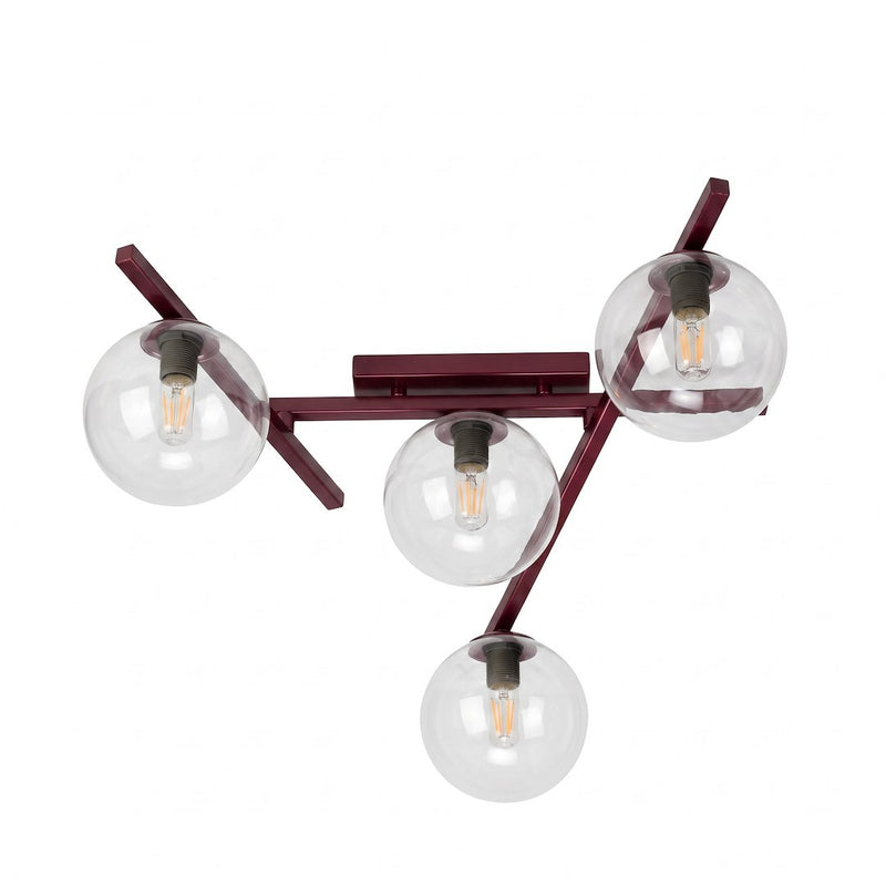 Plafonnier Smart 4 lumières bordeaux, verre transparent
