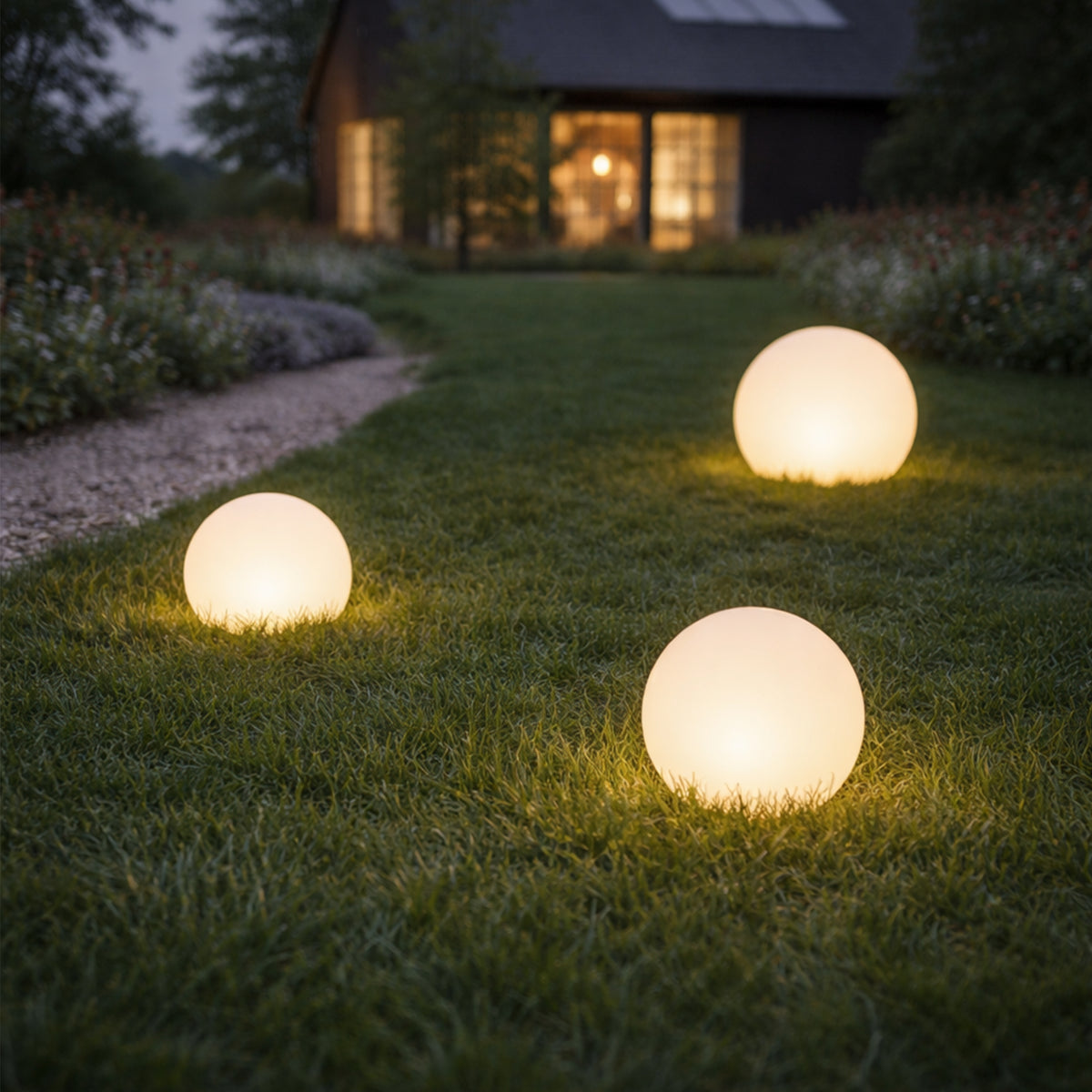 Mise en ambiance nocturne : trois boules éclairées posées sur une pelouse de jardin