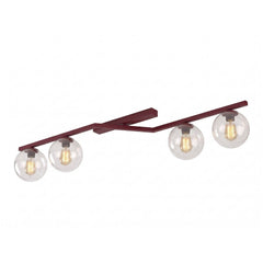 Plafonnier Naton 4 lumières bordeaux, verre transparent