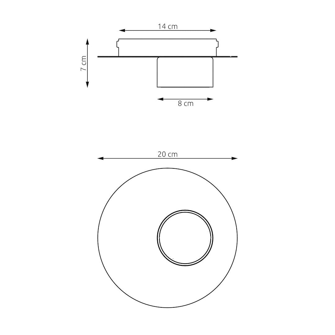 Schéma de dimensions cotées du plafonnier, disque 20 cm et hauteur 7 cm