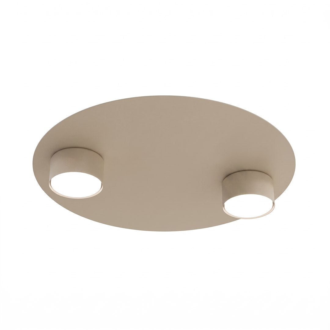 Perspective en angle montrant le plateau circulaire et les deux diffuseurs en saillie