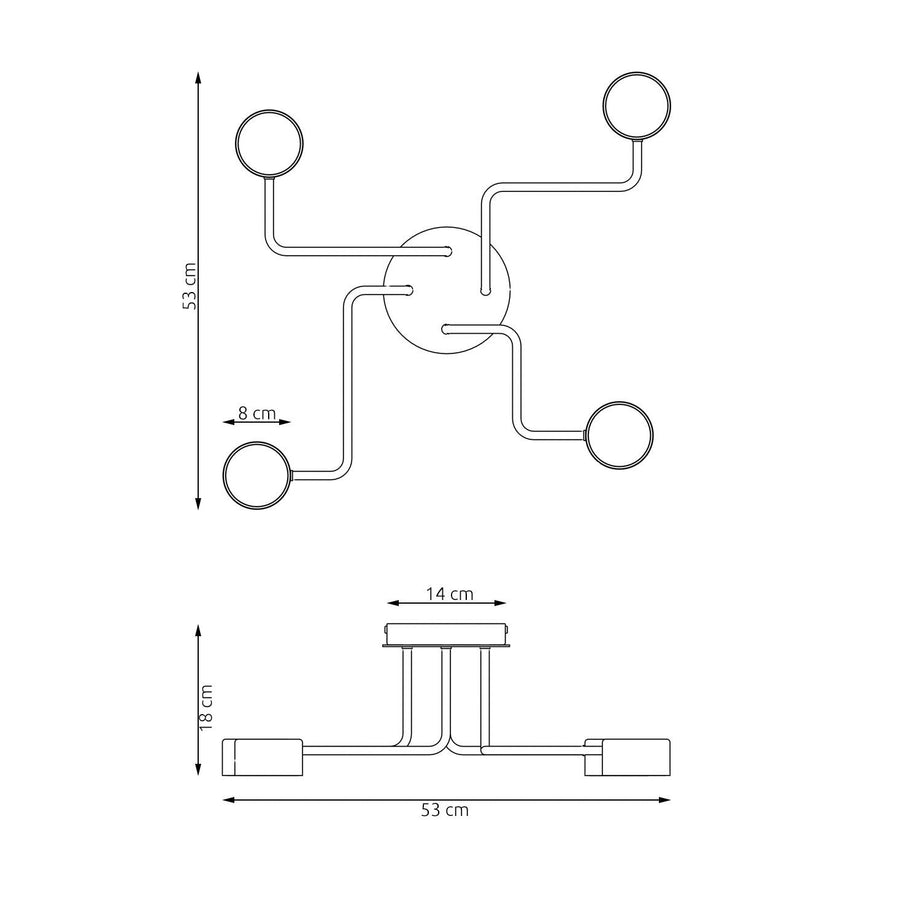 Schéma coté du luminaire, vues de dessus et de profil
