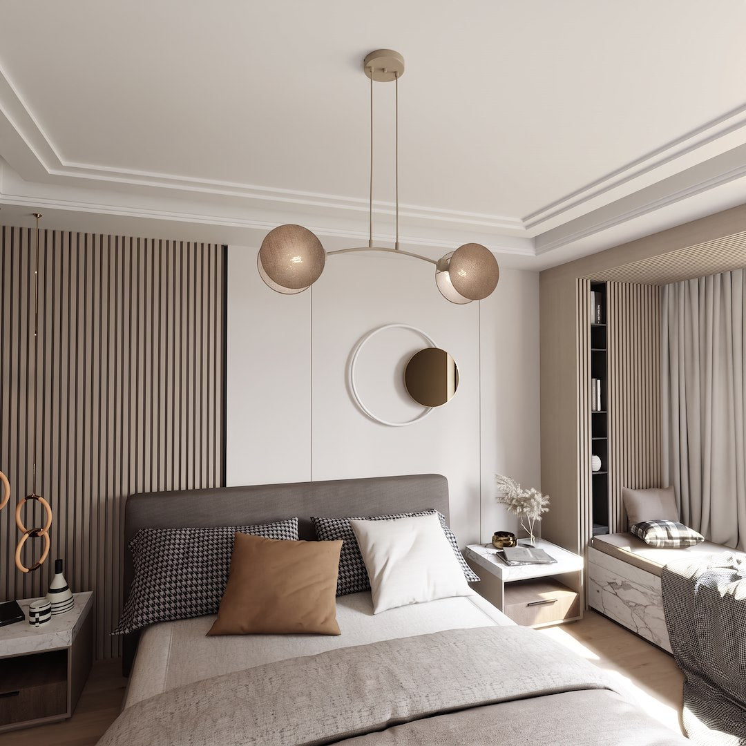 Suspension Motif 2 lumières beige, tissu rotin