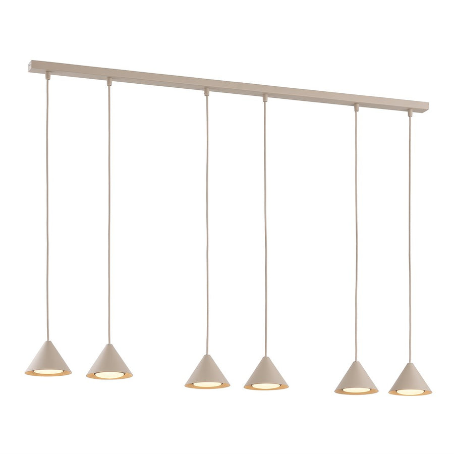 Vue d'ensemble du luminaire beige à six suspensions coniques sur rail linéaire