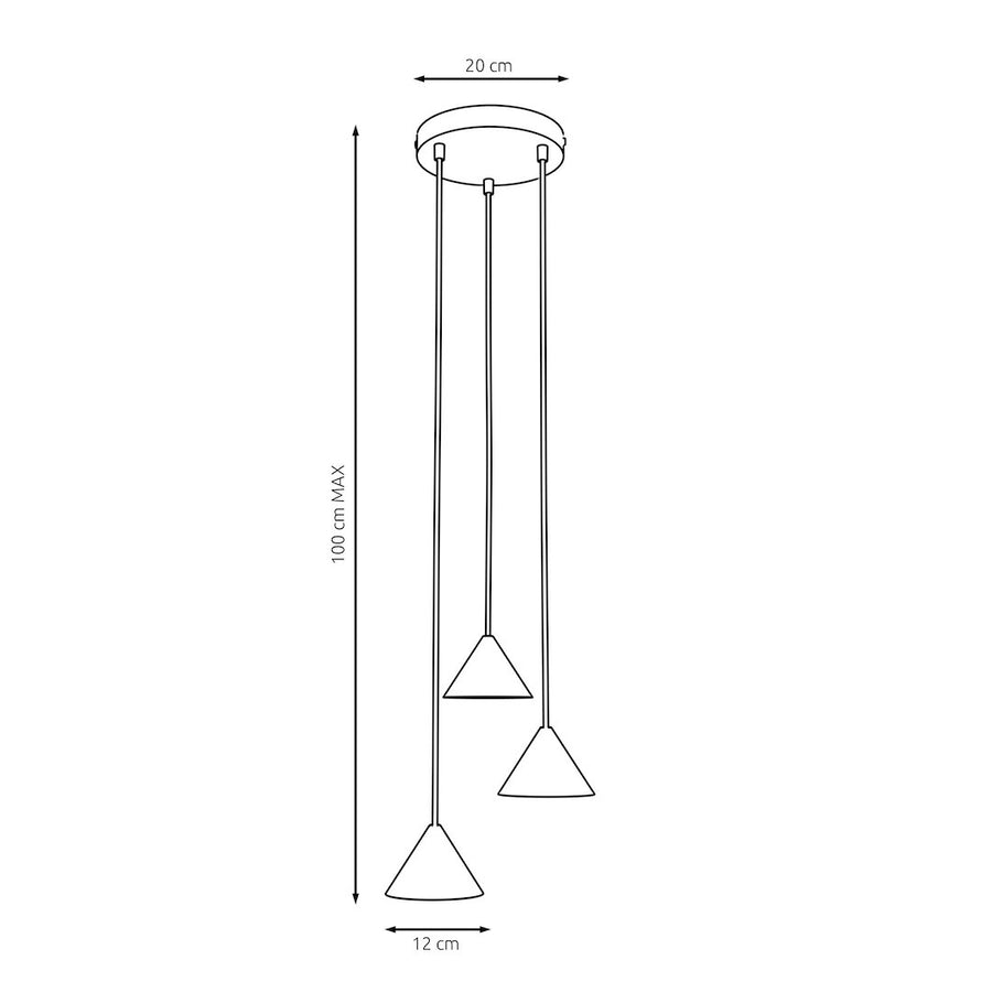 Schéma de dimensions indiquant rosace 20 cm, hauteur maximale 100 cm et diamètre 12 cm