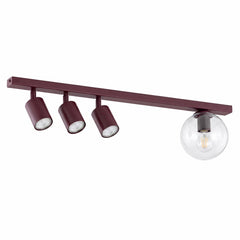 Plafonnier Baster 4 lumières bordeaux, verre transparent