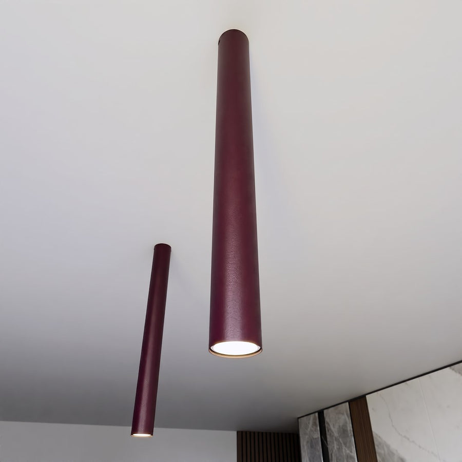 Deux plafonniers tubes de tailles différentes suspendus, texture mate et embout lumineux