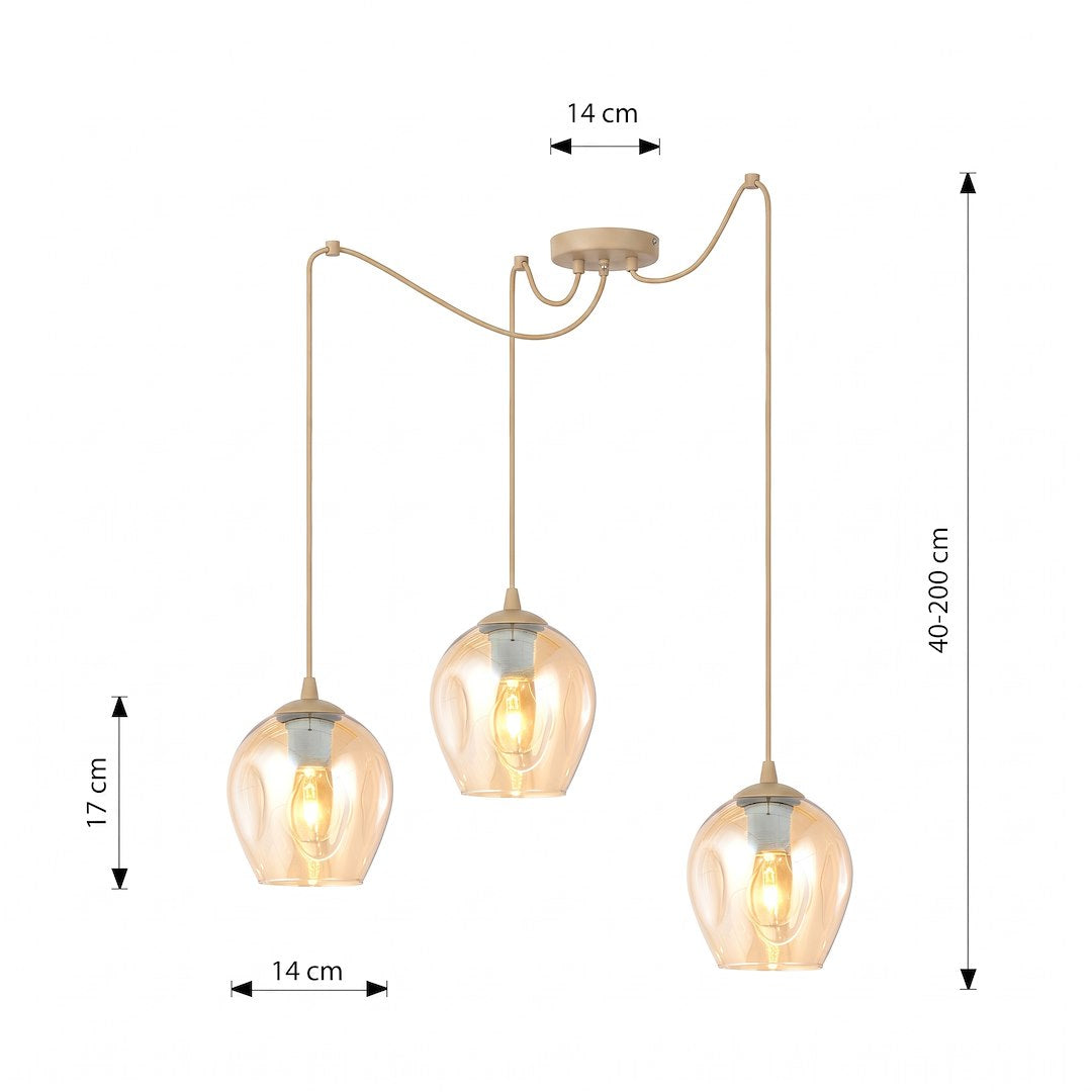 Schéma coté du luminaire : rosace 14 cm, abat-jour 17 cm, hauteur réglable 40 à 200 cm