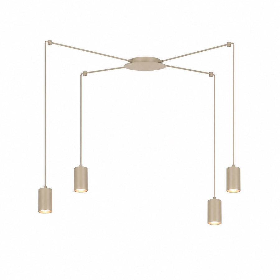 Suspension beige à quatre cylindres suspendus par câbles, vue de face sur fond blanc.