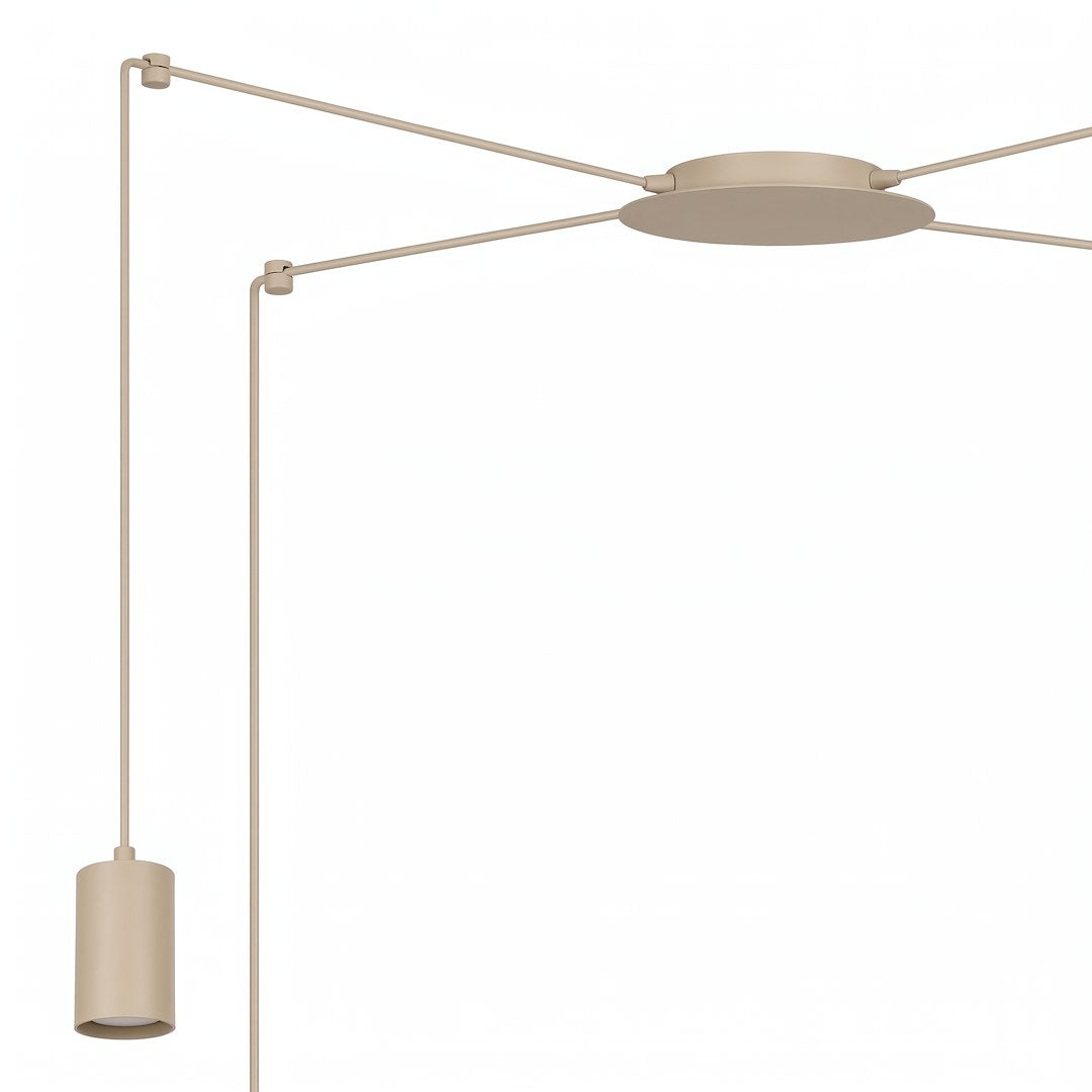 Détail du raccord central et d'un abat-jour cylindrique beige vu de près.