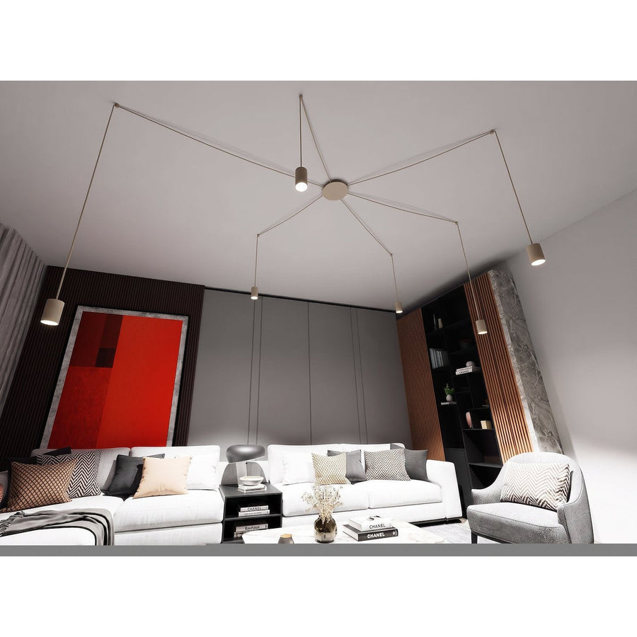 Vue en contre-plongée dans un salon contemporain avec canapé blanc