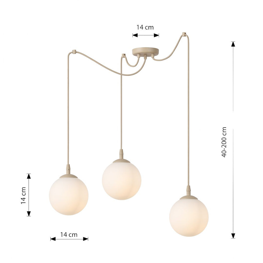 Schéma coté : rosace 14 cm, globes 14 cm, hauteur réglable 40 à 200 cm