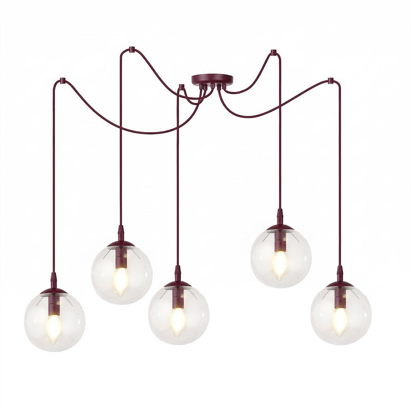 Suspension Gigi 5 lumières bordeaux, verre transparent