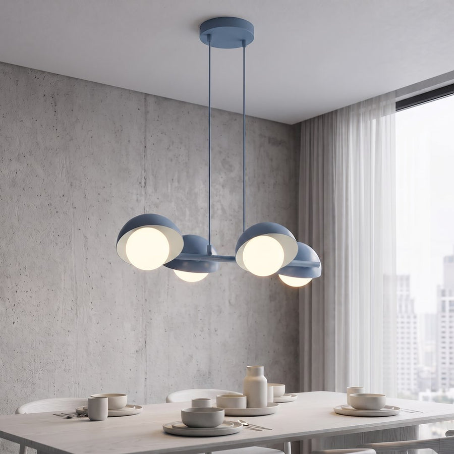 Suspension Boom 4 lumières bleue, verre blanc