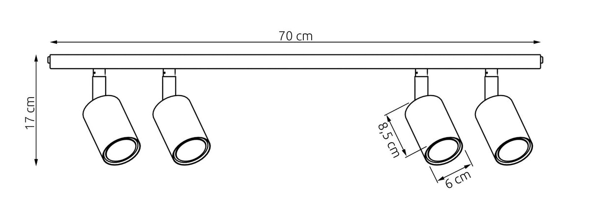 Schéma coté indiquant 70 cm de longueur, 17 cm de hauteur et 6 cm de diamètre
