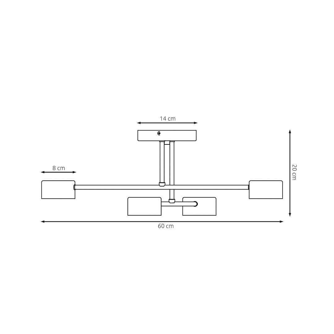 Schéma coté de profil : largeur 60 cm, hauteur 20 cm, base 14 cm