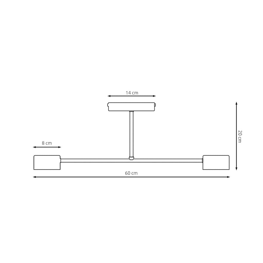 Schéma coté : largeur 60 cm, hauteur 20 cm, base de 14 cm.