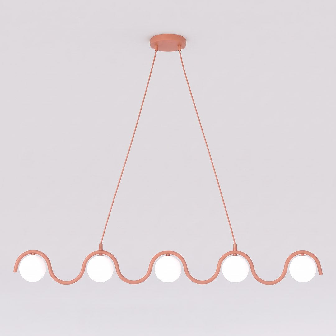 Vue de face du bandeau ondulé corail et de ses cinq globes opalins