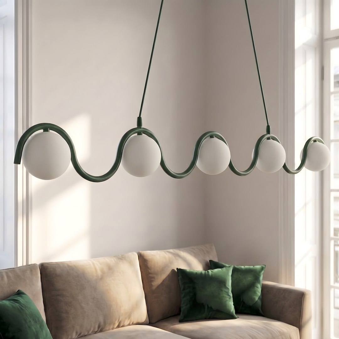 Suspension Sinus 5 lumières verte, verre blanc
