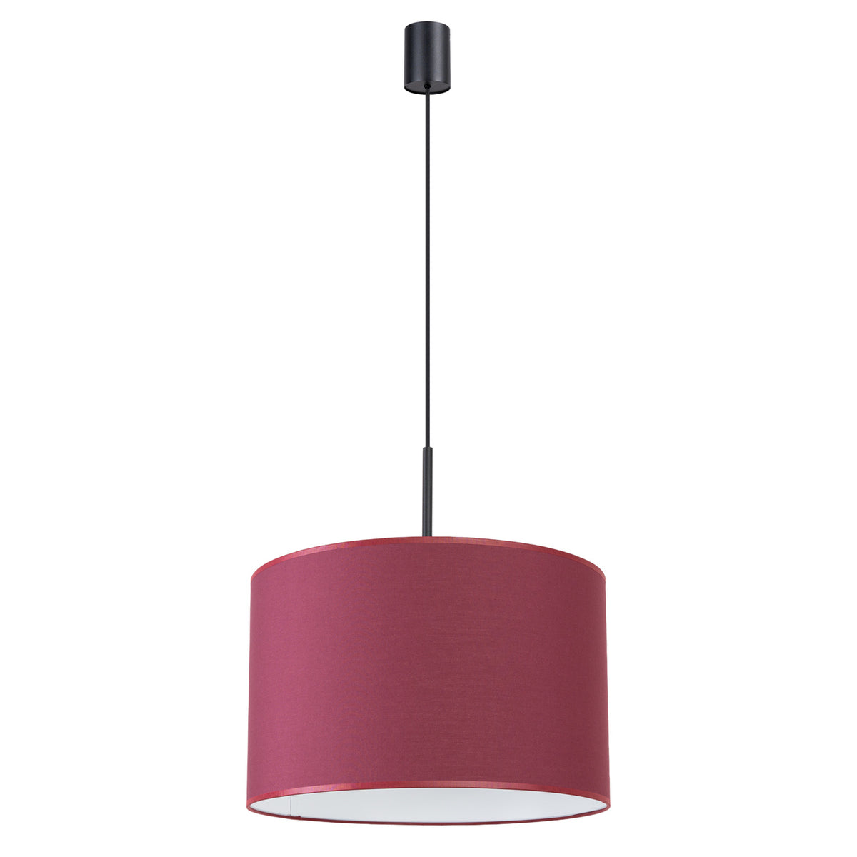 Produit de face sur fond blanc, abat-jour cylindrique rose et câble noir tendu