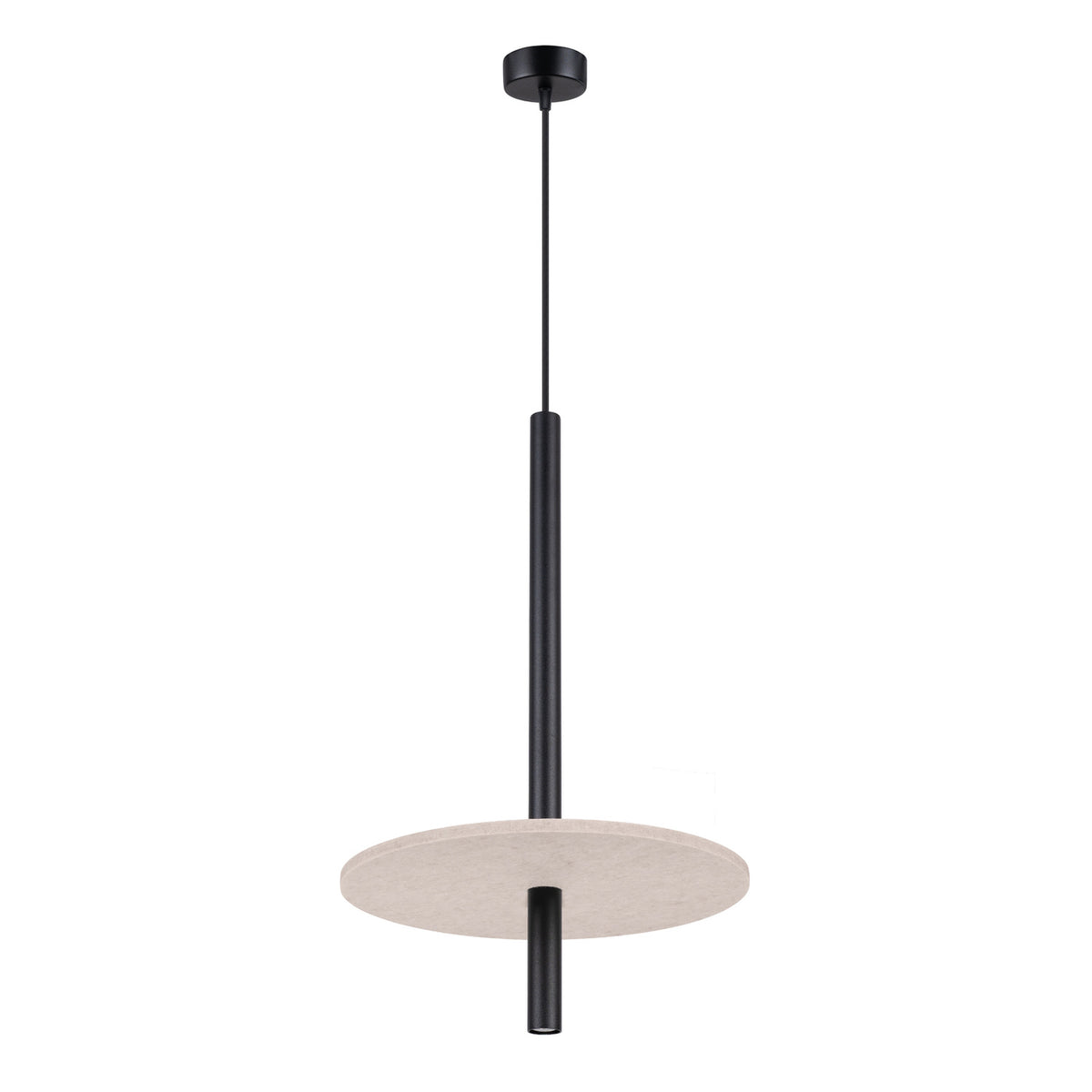 Luminaire suspendu vu de face, câble, tube noir et disque de feutre