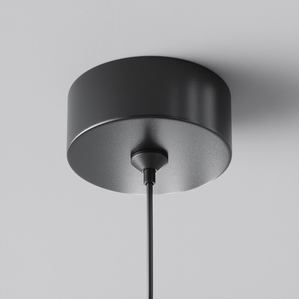 Détail du cache-piton rond noir fixé au plafond et de sa corde