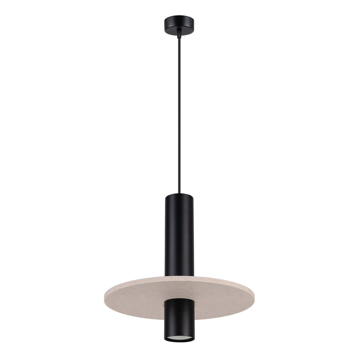 Lampe suspendue complète vue de face sur fond blanc, câble apparent