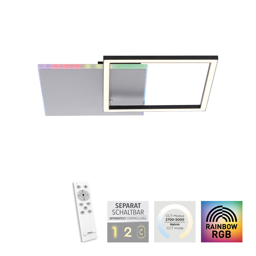 Vue du plafonnier avec télécommande et icônes des fonctions RGB et CCT