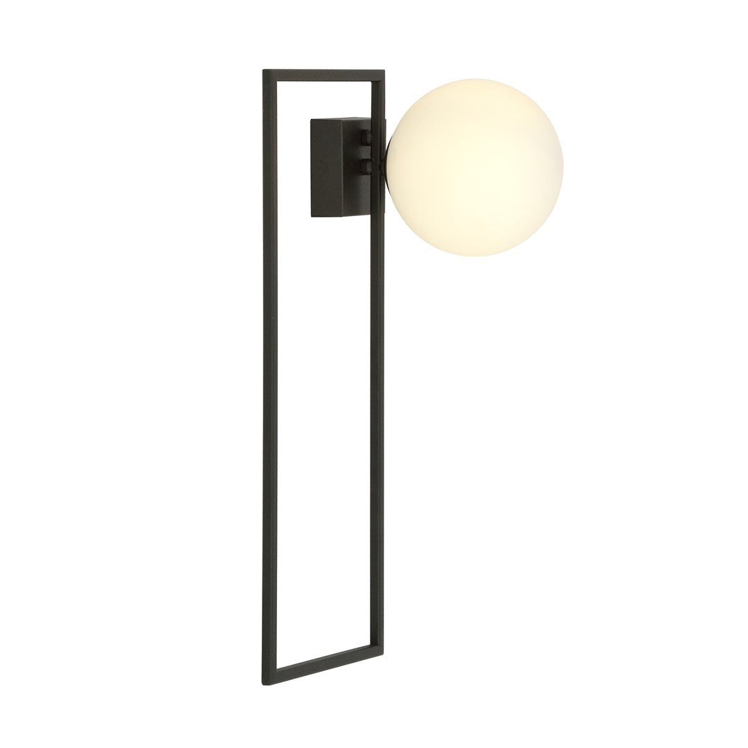 Vue de profil du luminaire, cadre rectangulaire dressé et globe sur le côté