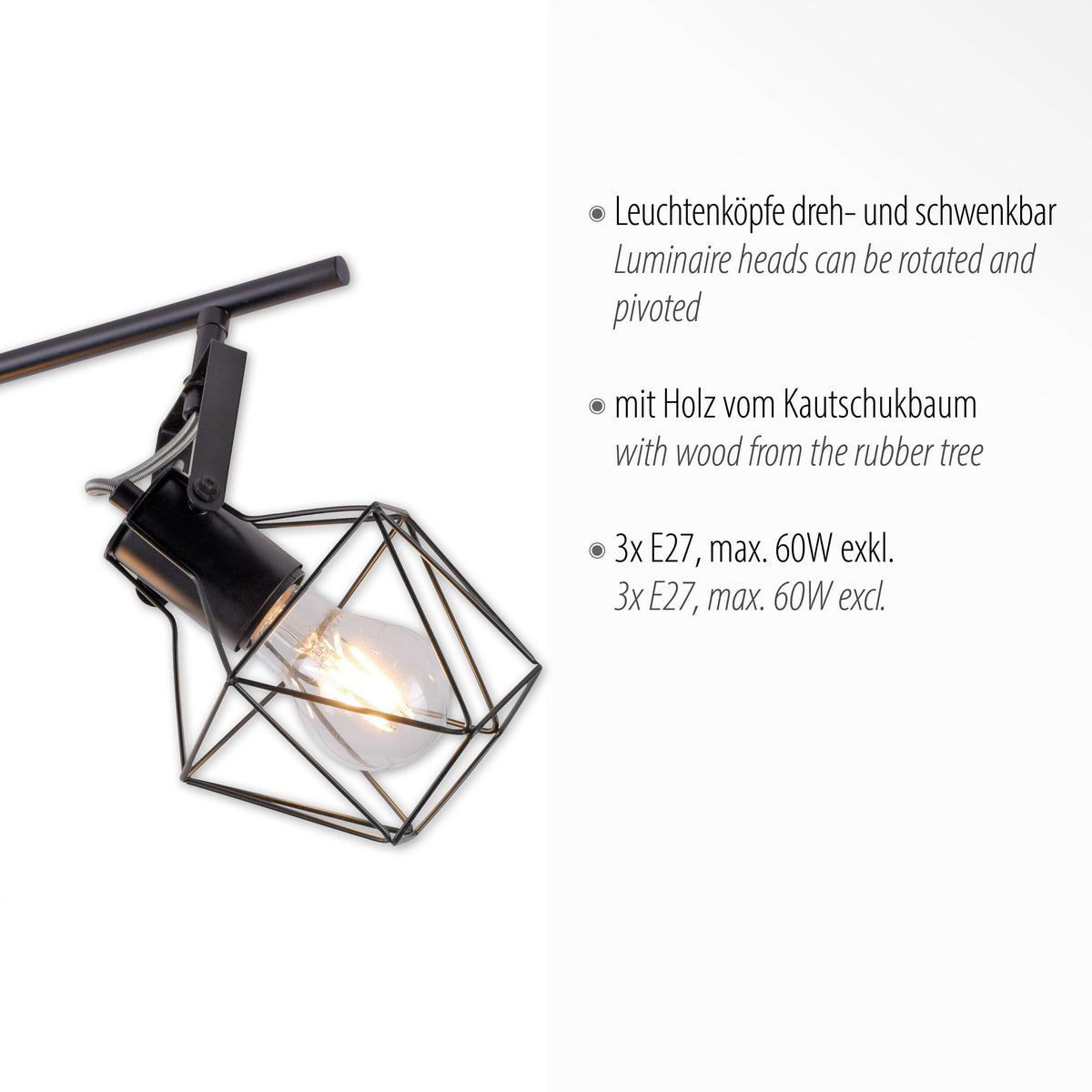Détail d'une tête cage orientable avec ampoule, texte sur rotation et bois.