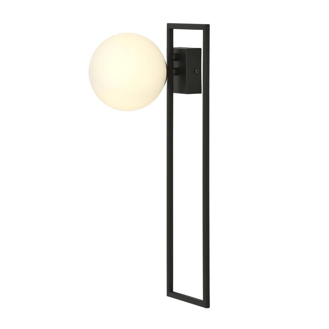 Vue de profil du plafonnier, cadre rectangulaire vertical et globe en saillie.