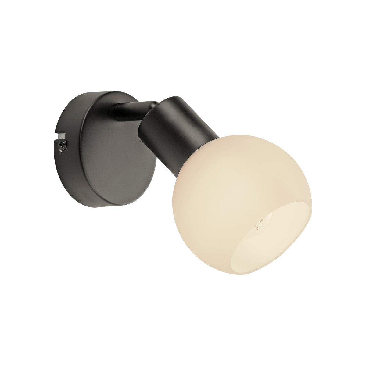 Vue de trois quarts de l'applique noire et de sa sphère lumineuse blanche.