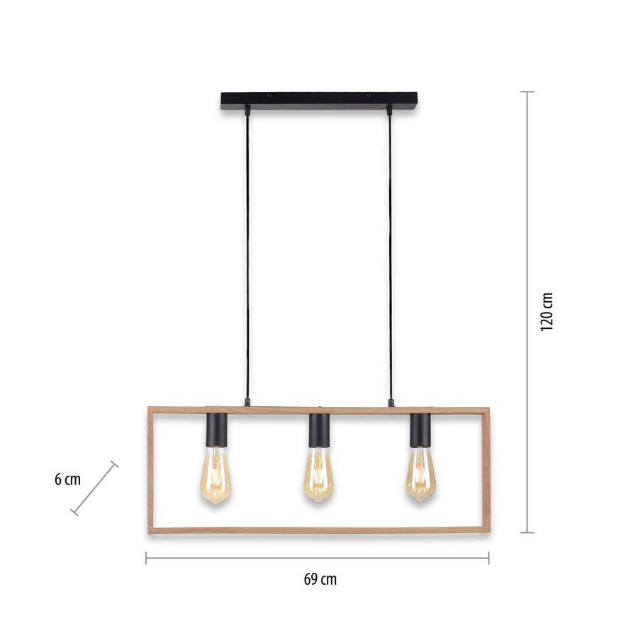Suspension Franky 3 lumières noire et bois
