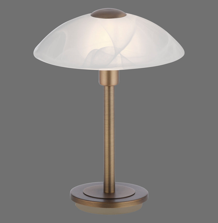 Lampe à poser de face, abat-jour en verre alabastre et tige en laiton vieilli