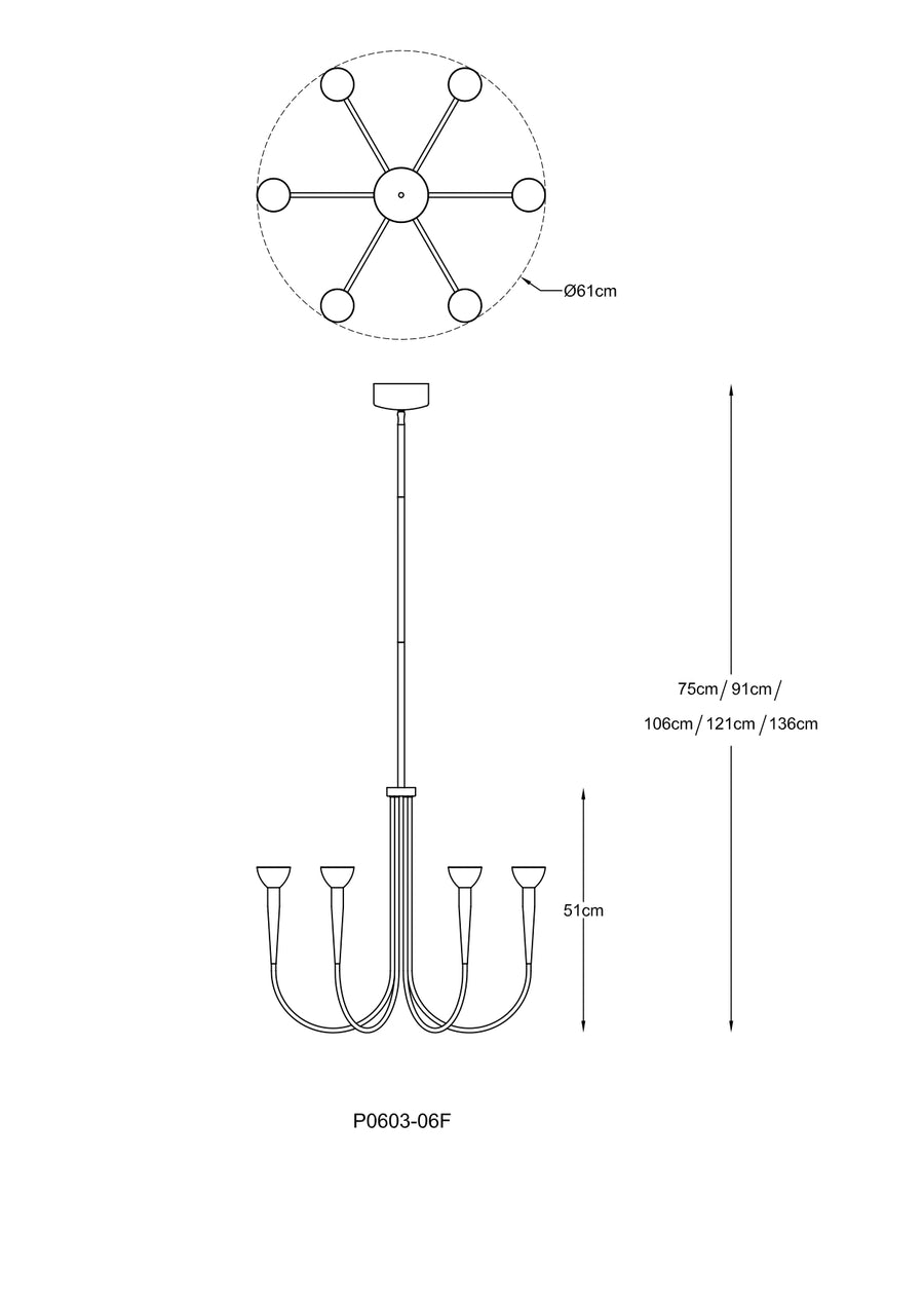 Schéma de dimensions : diamètre 61 cm et hauteur réglable de 75 à 136 cm