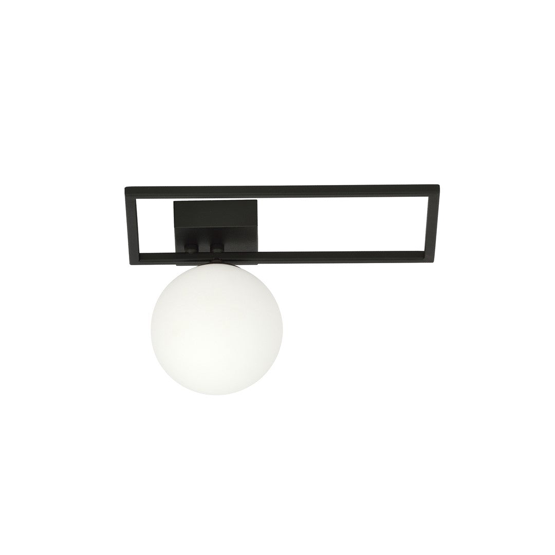 Vue frontale du luminaire avec cadre noir rectangulaire et diffuseur sphérique en verre opale.