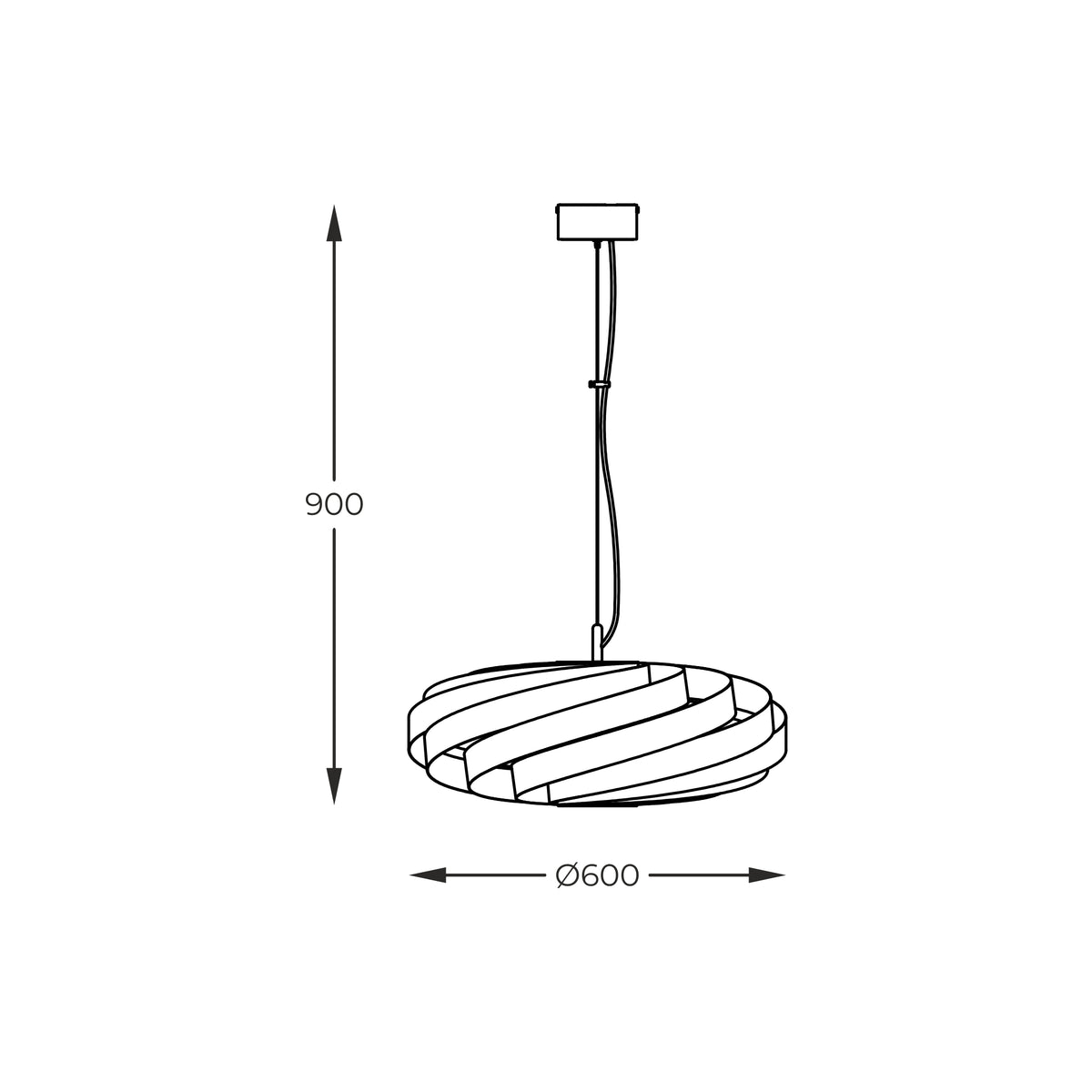 Schéma de dimensions indiquant une hauteur de 900 mm et un diamètre de 600 mm