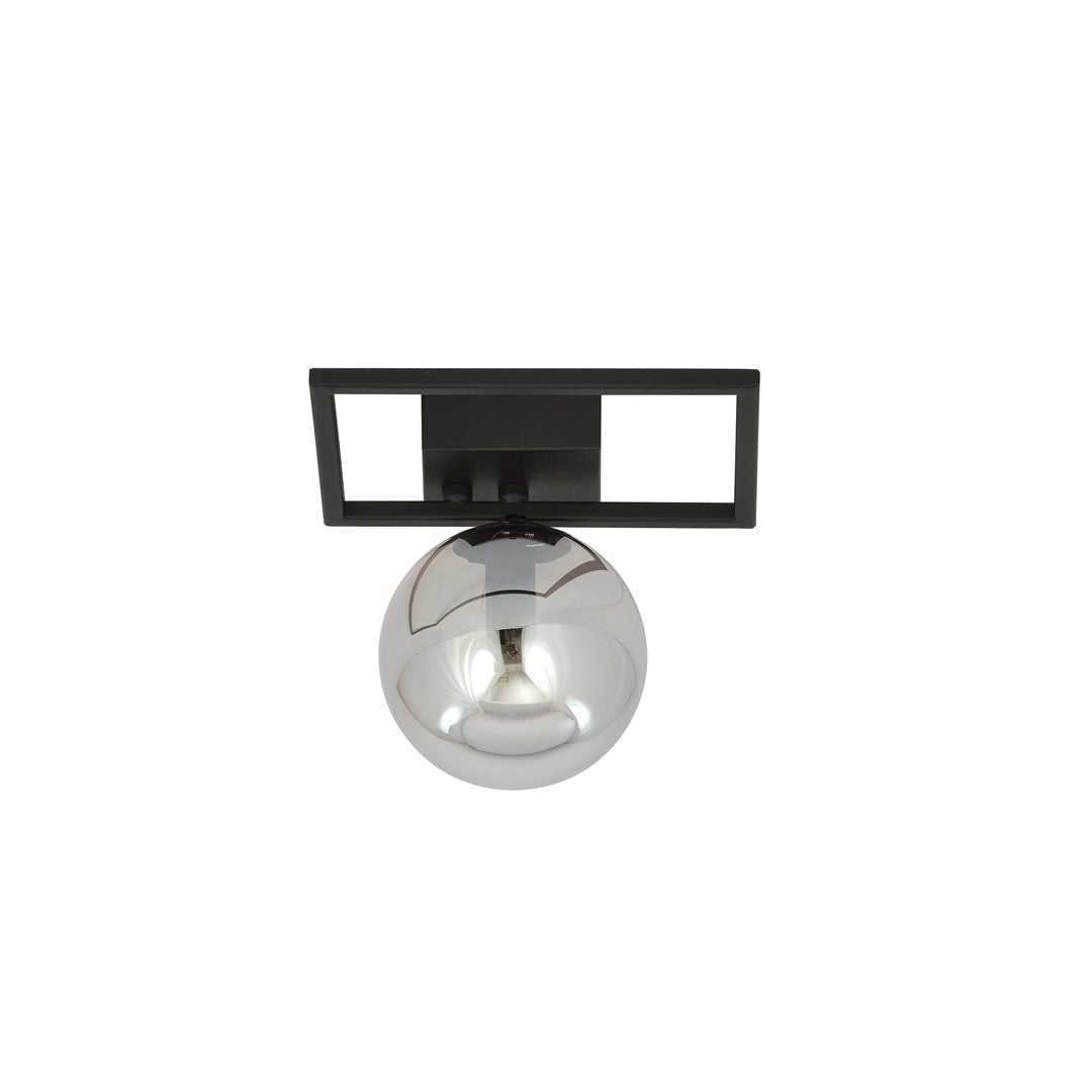 Vue frontale du luminaire sur fond blanc, structure carrée noire et sphère graphite