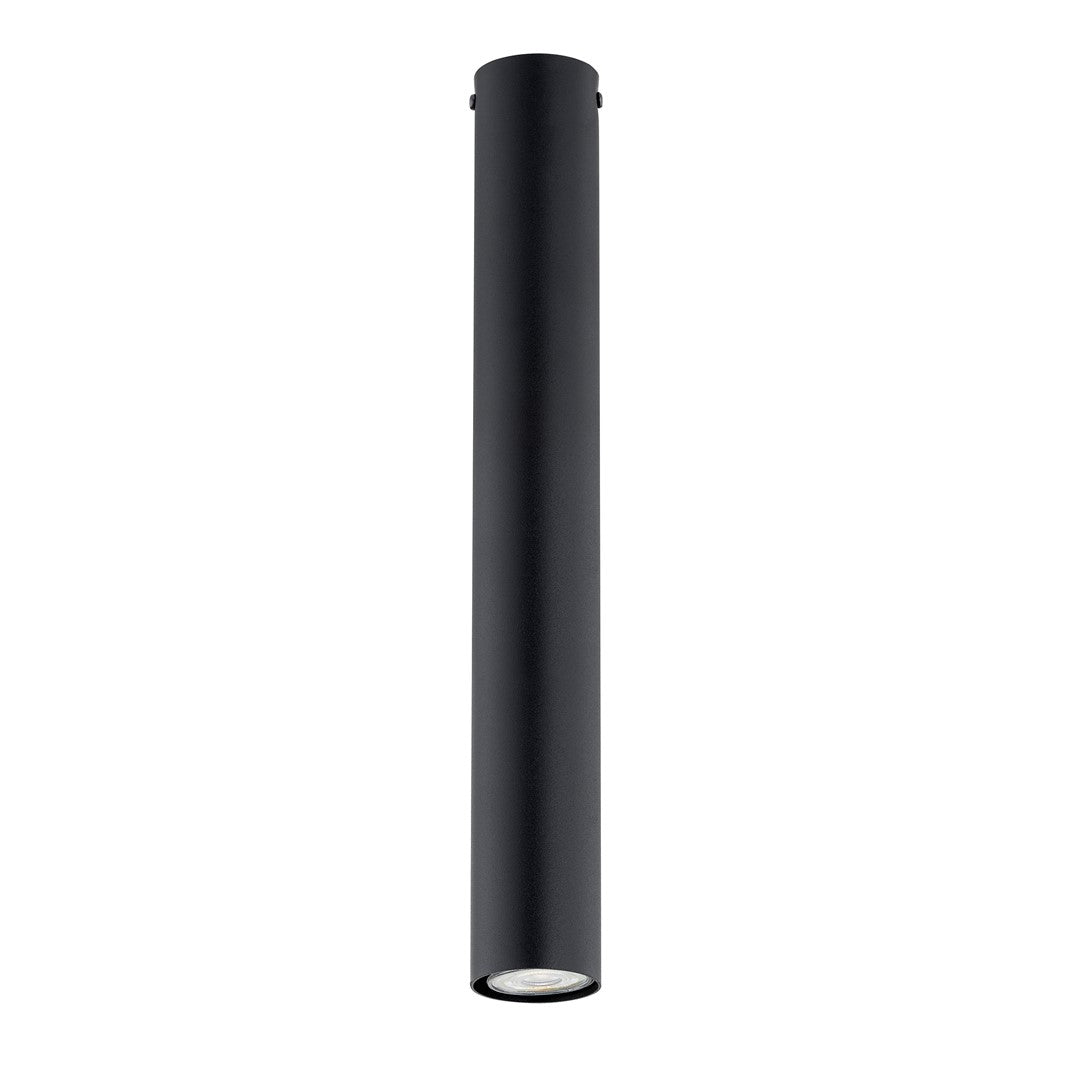 Vue de trois quarts du long tube noir, diffuseur LED visible en partie basse
