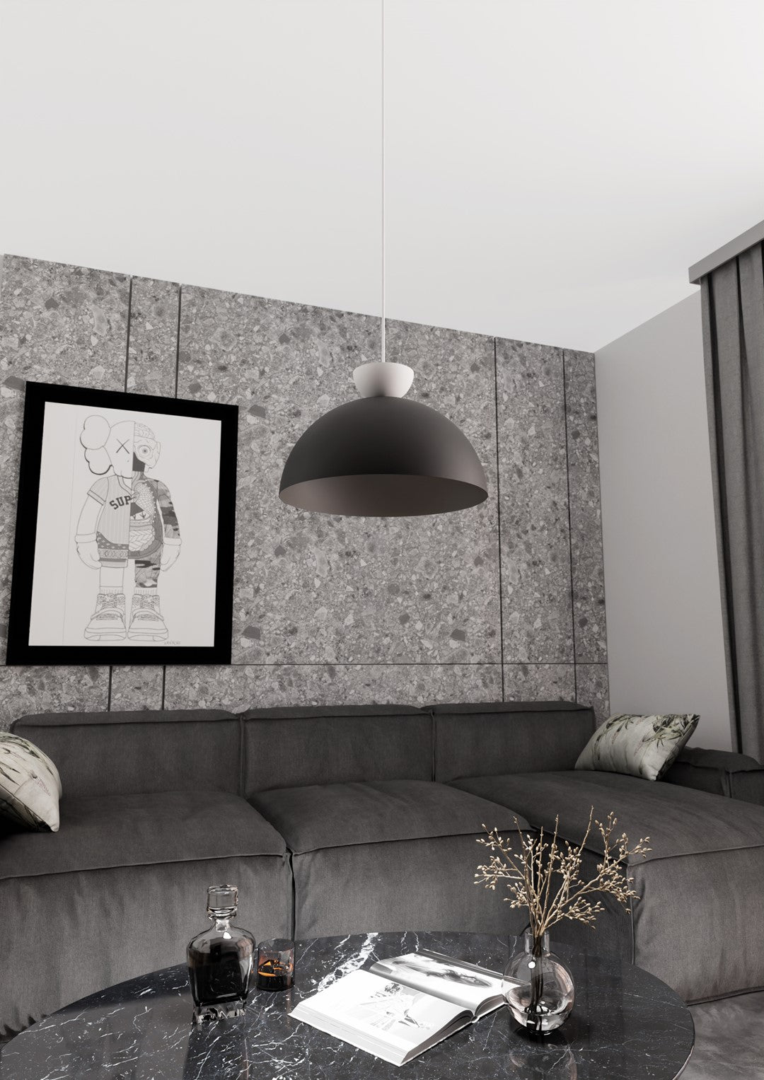 Mise en ambiance dans un salon gris, canapé, tableau encadré et table basse en marbre