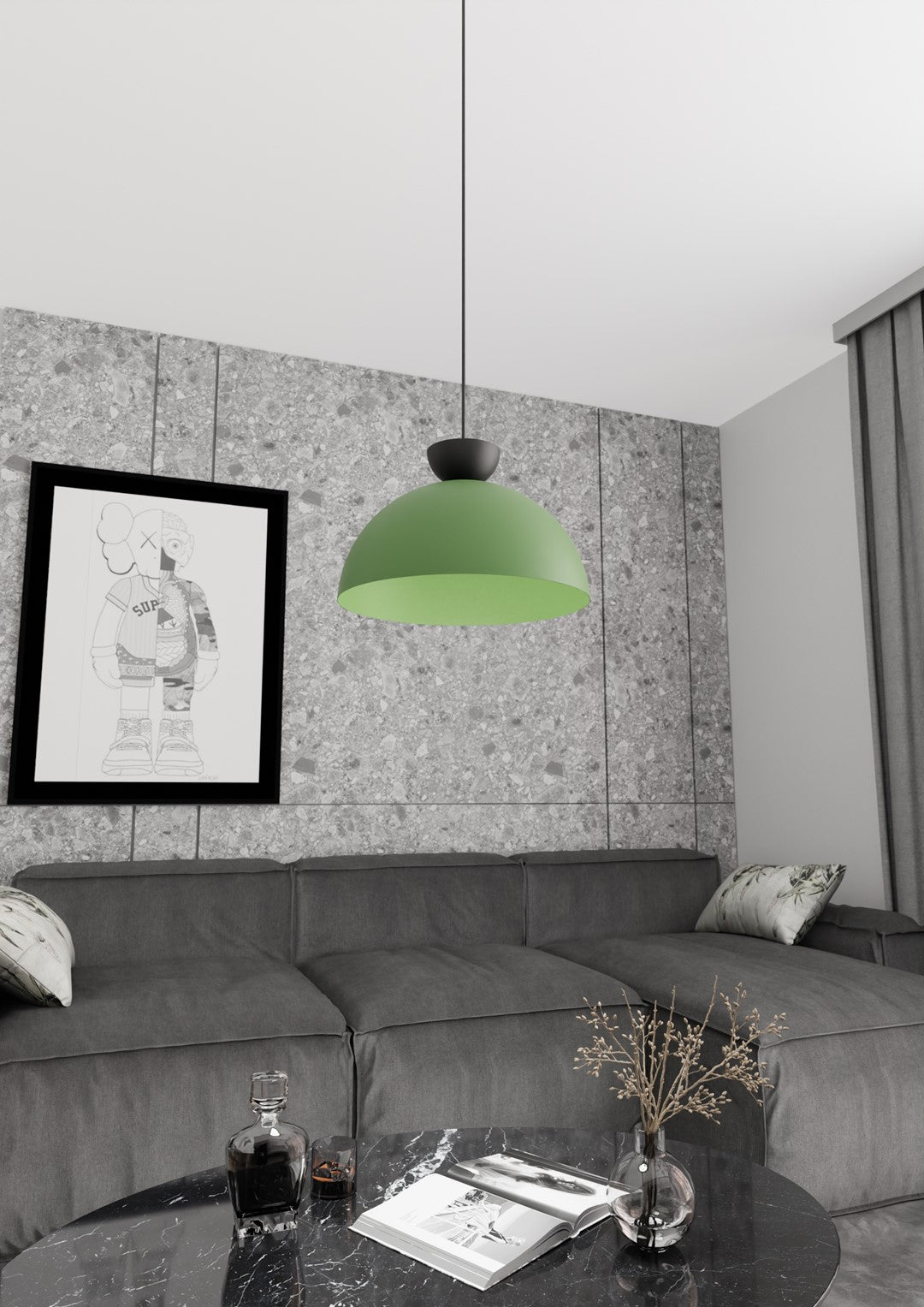 Mise en ambiance dans un salon gris avec canapé et tableau encadré