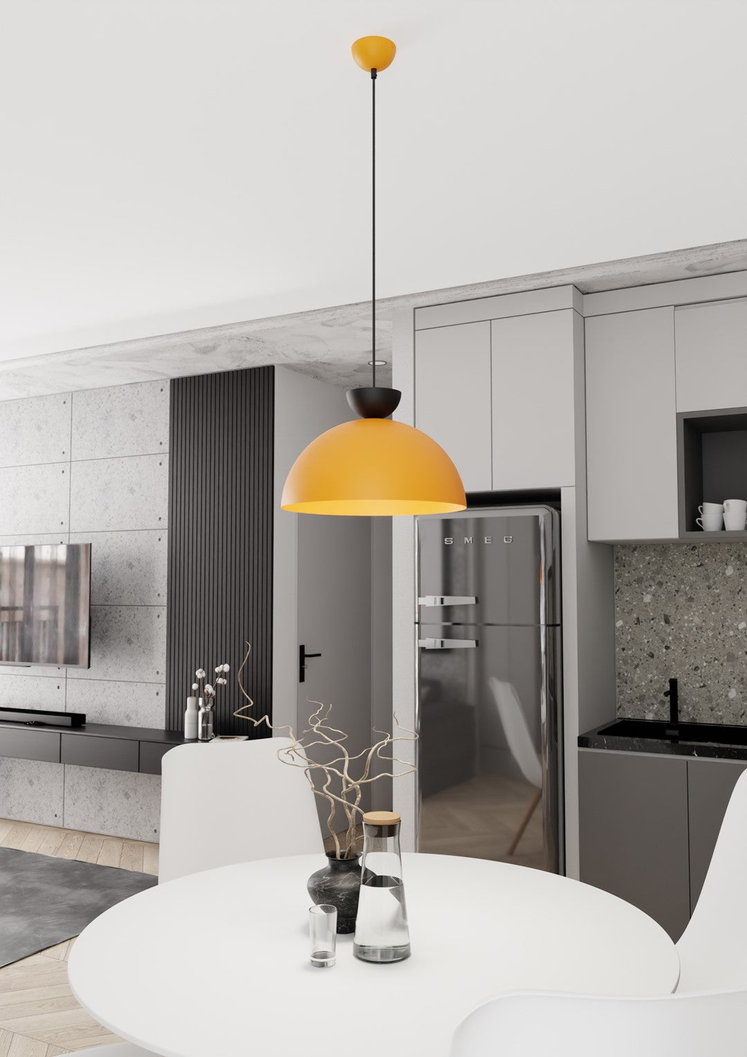 Suspension installée au-dessus d'une table ronde blanche dans une cuisine claire