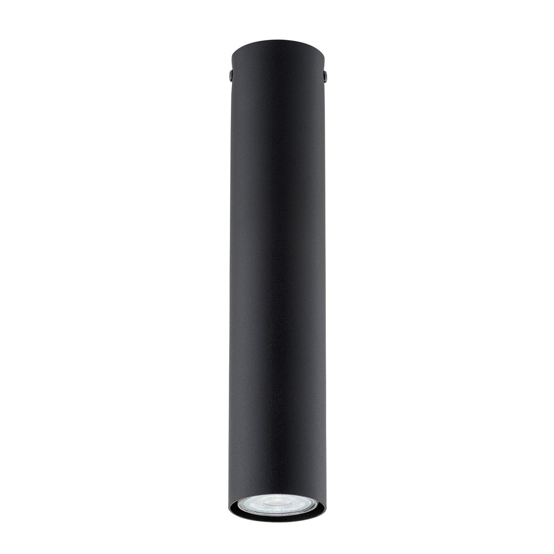 Vue rapprochée du bas du spot noir avec lentille LED apparente.