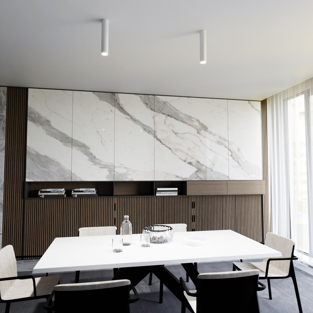 Mise en ambiance salle à manger moderne, deux plafonniers cylindriques blancs au plafond