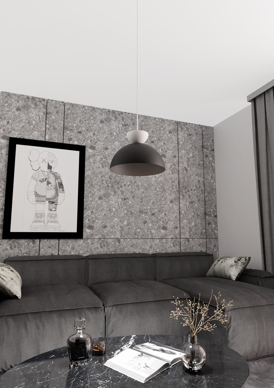 Mise en ambiance dans un salon gris, suspension allumée au-dessus d'une table basse