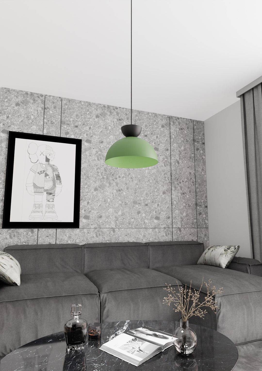 Mise en ambiance dans un salon gris avec canapé, tableau encadré et table basse