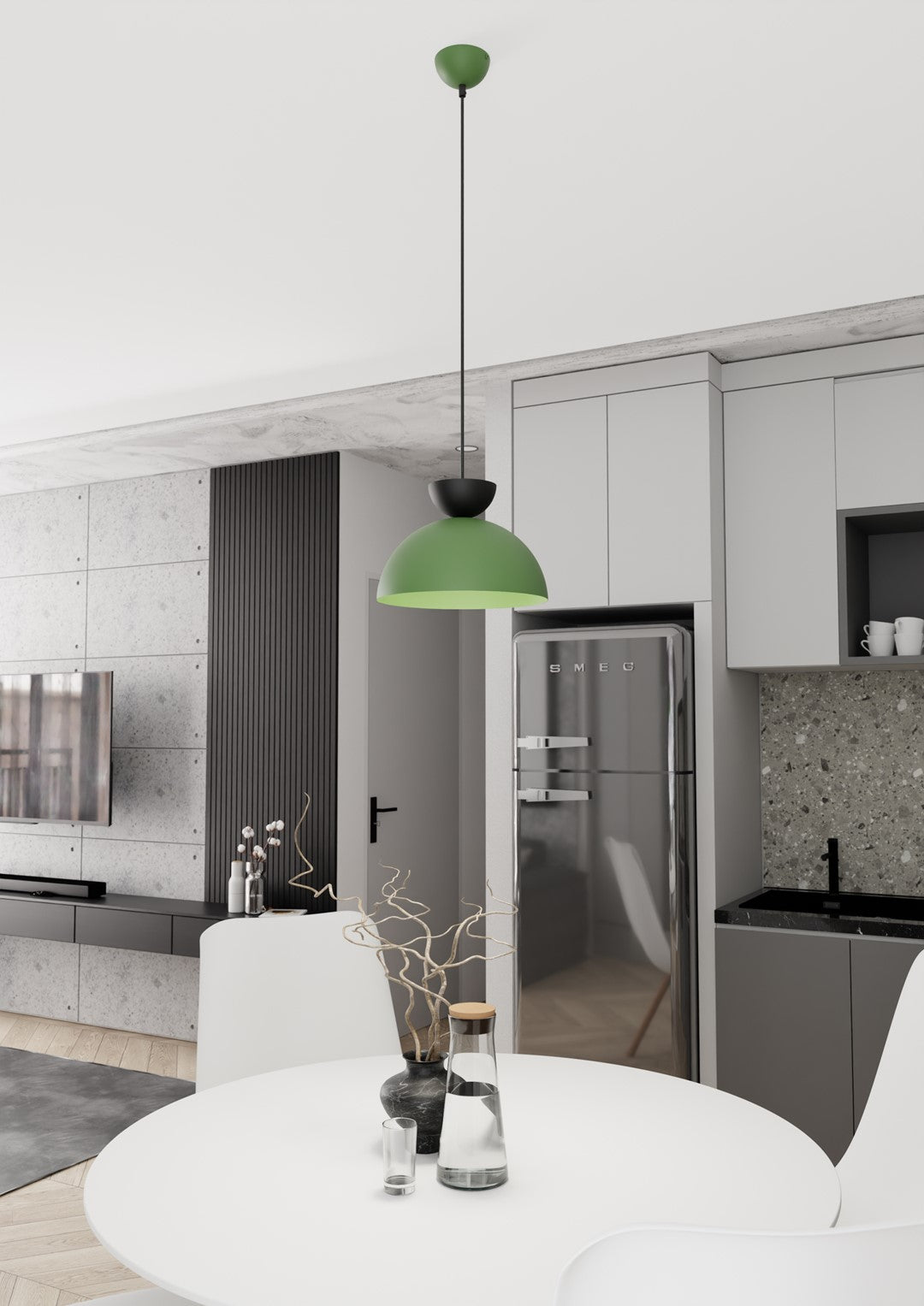 Suspension installée au-dessus d'une table blanche dans une cuisine moderne