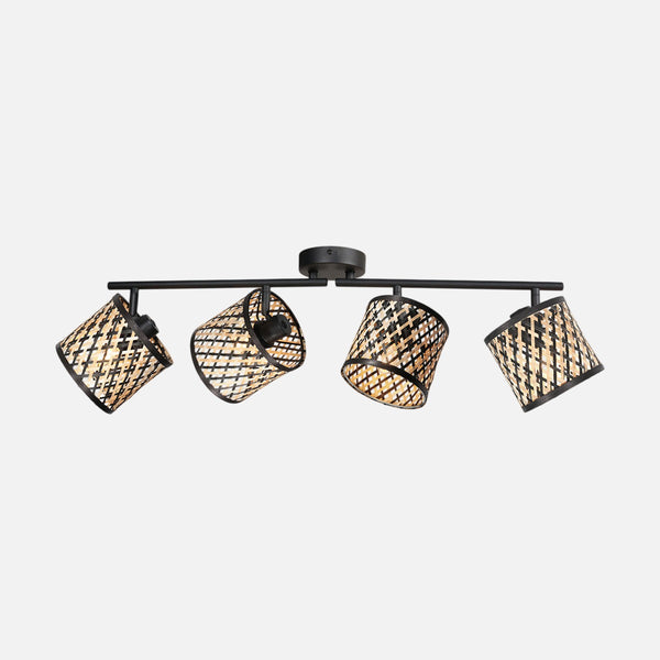 Deckenleuchte 4-flammig, geflochtenes Bambus, schwarz und natur, Schiene 73 cm | Timor