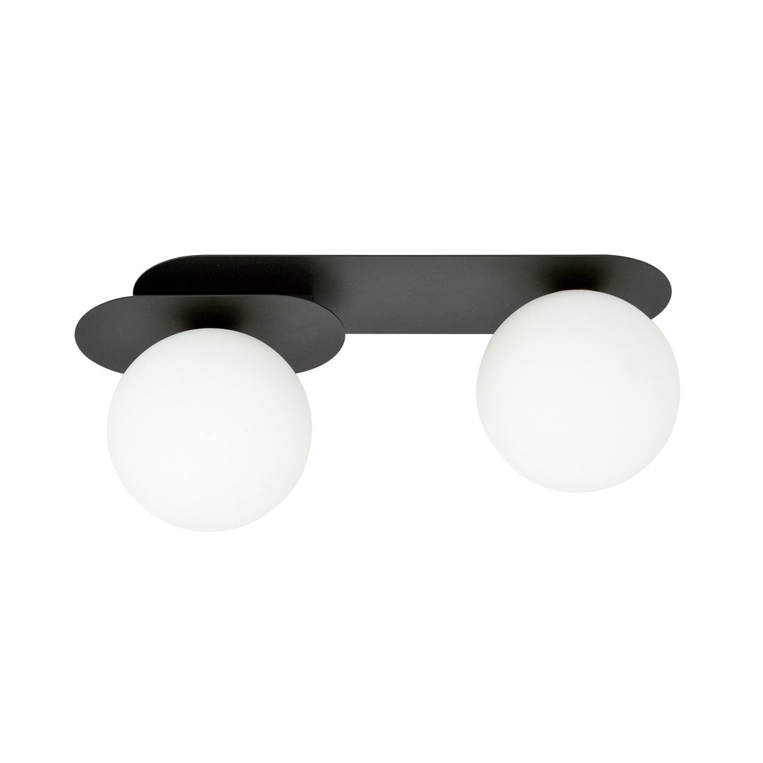 Vue centrée du plafonnier deux lumières avec globes opale et support noir