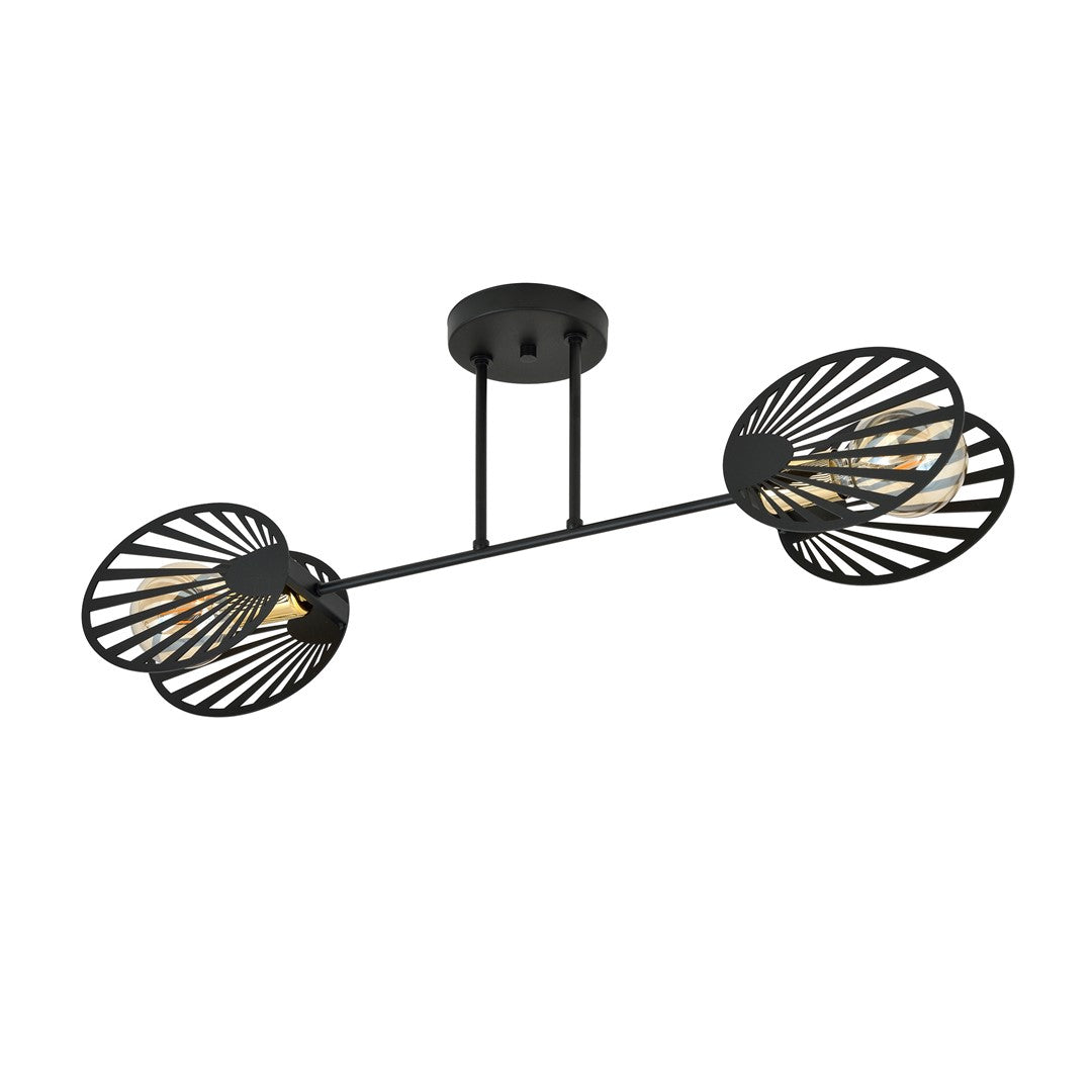 Autre angle du luminaire noir, montrant les cages métalliques et les ampoules visibles.